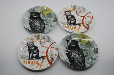222 Fifth THE FOREST Set 4 Appetizer Plates Owl Bird Cat Halloween Collage EUC - Image 1 of 4