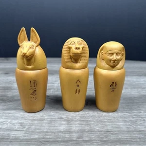 Egyptian Replica Canopic Jars Lot Of 3 Hieroglyphics Figurine Decor 4.5” - Picture 1 of 12