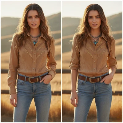 Vtg Love Moschino Shirt Womens XL Tan Western Roll Tab Boho Cowgirl Lace Bling - Image 1 of 4