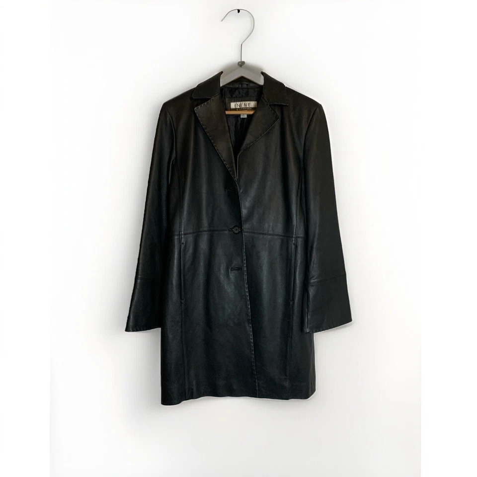 Nine Company Soft Leather Coat Black Button Lined Sz M Grunge Y2K Matrix - Image 1 of 4