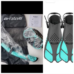 Greatever Snorkel Fins Flippers & Snorkel Set Unisex 9-13 Swim L/XL aqua/black - Picture 1 of 13