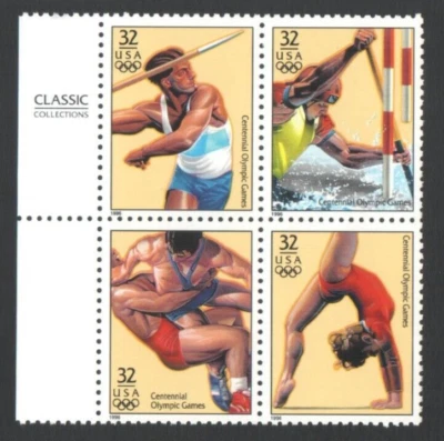 Unused US Postage Block 32 Cent Stamps Centennial OLYMPIC GAMES Decathlon Gymnas - Image 1 of 2