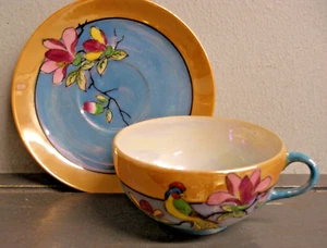 VINTAGE JAPANESE PORCELAIN LUSTRE LUSTERWARE TEACUP & SAUCER BIRD OF PARADISE - Picture 1 of 5