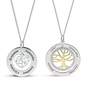 Personalisierter Silber Familie Kreis Anhänger mit Zirkonia Herz/Baum Charm, Geschenk - Bild 1 von 11