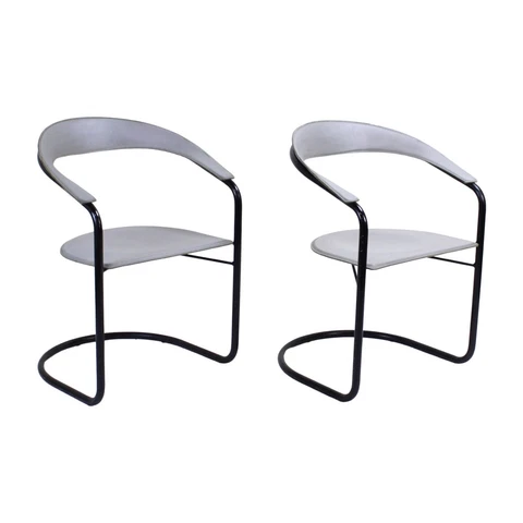Pair of Italian Mid-Century Modern Curved Back Gray Leather Cantilever Chairs Cover