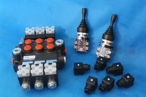 HYDRAULIC BANK MOTOR 3 SPOOL VALVES 50L/MIN ELECTRIC 12V + 2 JOYSTICKS - Imagen 1 de 12