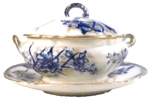 Flow Blue Orchid Tureen & Underplate John Maddock & Sons Large Antique 1900 - Picture 1 of 12