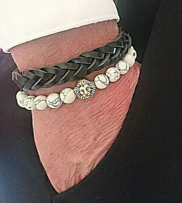Kabala Bracelet Set 2pc Wrap Wristband Jasper Beads Black Leather Gift Gold Lion - Image 1 of 3