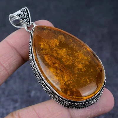 Natural Baltic Amber Gemstone Handmade 925 Sterling Silver Pendant 2.84" Gift w6 - Image 1 of 4