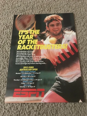 ESPN TENNIS Poster Print Ad 1990s ANDRE AGASSI IN NIKE CHALLENGE COURT SHIRT Cover