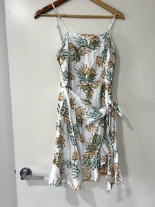 Floral Tie Waist Linen Blend Mini Dress White Green Size 12 - Picture 1 of 9