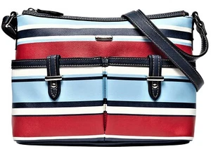 NWT Chaps Carlene Cabana Stripe Crossbody Bag - Red, White & Blues - Brown Trim - Picture 1 of 6