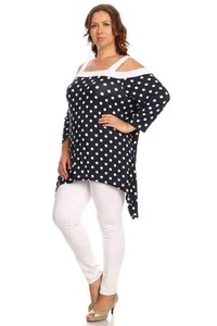 Nuevo Top túnica mujer talla grande azul marino blanco lunares hombro abierto tallas 2X 3X - Imagen 1 de 4
