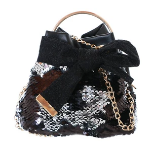 LB-179 Schwarz Silber Wende Pailletten Glitzer Beutel Henkel Trage Mini Tasche - Bild 1 von 10