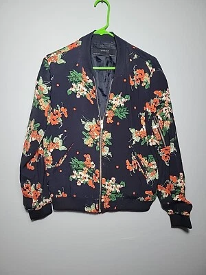 Zara Navy Blue Floral Print Full Zip Lightweight Bomber Jacket Size Medium Women - Image 1 of 4