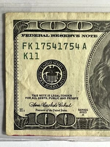 Fancy Repeater 2003-A $100 bill 17541754 Very Good Condition -paper Money - Picture 1 of 8