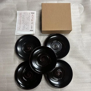 Urushi-Coated 5 Tea Tray Set Black 12cm Diameter Used - Picture 1 of 8