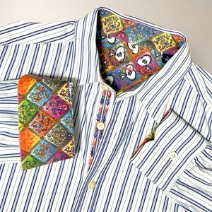 Robert Graham weiß blau gestreift Knopfleiste Hemd Flip Manschette bestickt Herren L - Bild 1 von 11