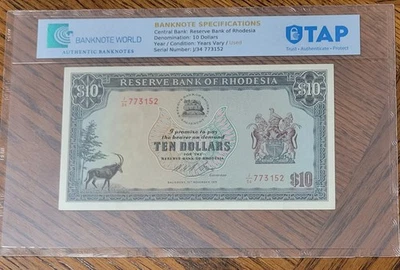 Rodesia 10 dólares. Billete 1975. Autenticidad certificada. Ver fotos. Foto 1 de 2