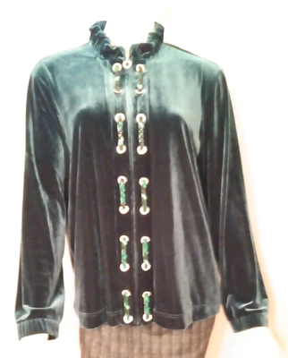 Blusa feminina vintage Brownstone Studio veludo esmeralda LS, detalhes com joias de strass G - Imagem 1 de 4