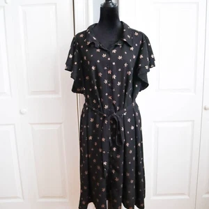 ModCloth Jessy B Plus 4X Belted Midi Swing Dress Black & Gold Floral Leaf - Picture 1 of 9