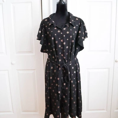 ModCloth Jessy B Plus 4X Belted Midi Swing Dress Black & Gold Floral Leaf - Image 1 of 4
