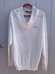 Greg Norman Men's Eggshell Cream Grid Print V-Neck Preppy Cotton Sweater Size L - Picture 1 of 3