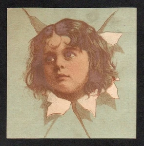 Victorian Trade Card Cutout - Boys Head Through Paper "E" Late 1800's. - Picture 1 of 2