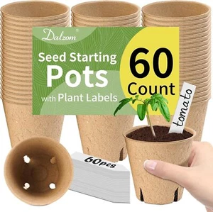 60Pcs 3.1” Biodegradable Peat Pots with Labels, Seed Starting Trays, Drainage - Picture 1 of 8