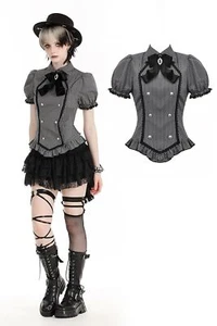 Dark In Love Women Gray Gothic Academic Striped Double-Breasted Blouse Slim Top - Picture 1 of 21