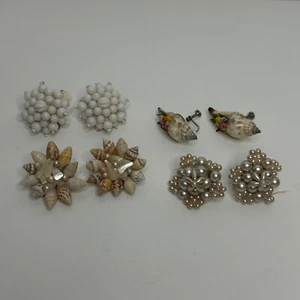 Vintage Perlen & Muschel Ohrclips 4er Set Strandmotiv Schmuck - Bild 1 von 7