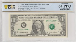$1 1995 FRN Fr# 1921-B BG Block PCGS UNC 64 PPQ New York Radar Serial # - Picture 1 of 2