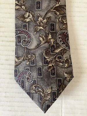 Gravata masculina Arrow seda cetim cinza bronzeado marrom paisley feita nos EUA 56" - Imagem 1 de 4