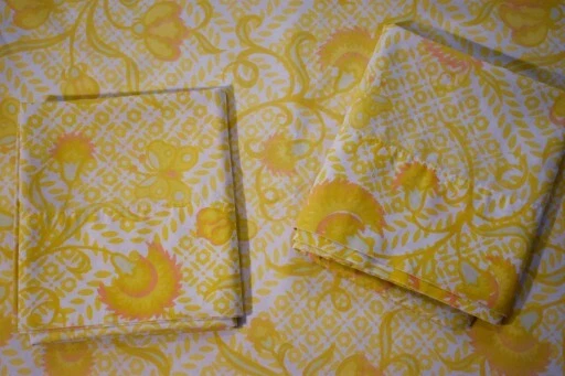 VINTAGE Sears Yellow Orange Green Floral Jacobean Twin Flat Sheet  2 Pillowcases - Image 1 of 4