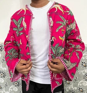 Indian Pink Tiger Print Cotton Quilted Unisex Jacket Women's Clothing Jacket US - Picture 1 of 6