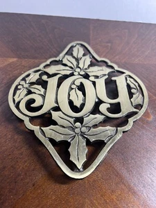 Christmas Trivet Metal Joy Wall Hanging Decor Brass Tone Holiday Table Vtg - Picture 1 of 5
