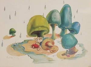 Donald Art Company 1971 Lithographie Druck Maus Pilz Regen 12"×9" NOS UNGERAHMT - Bild 1 von 9