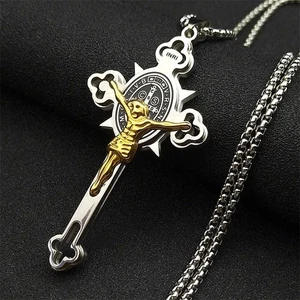 Silver Colour Saint Benedict Crucifix Necklace CSPB INRI Jesus Cross Jewelry - Picture 1 of 9