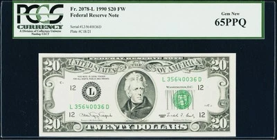 $20 1990 Federal Reserve Note San Francisco Fr. 2078-L PCGS Gem New 65 PPQ - Image 1 of 3