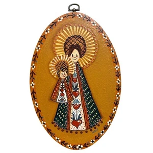 Placa colgante de pared de madera de Virgen y Niño pintada a mano arte popular vintage firmada - Imagen 1 de 6