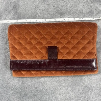 Vintage Quilted Velvet Clutch Purse Burnt Orange, Burgandy Leather 60's -70's - Image 1 of 4