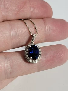 925 Echt Silber Viktorianischer Stil Oval Simuliert Saphir Edelstein Halskette - Bild 1 von 11