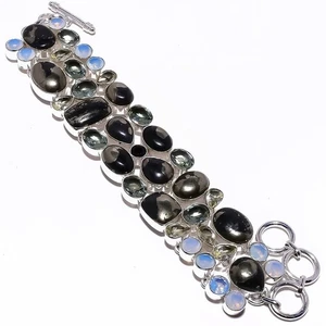 Natural Magnetite Pyrite, Milky Opal Gemstone 925 Silver Bracelet 7-8" d388 - Picture 1 of 6