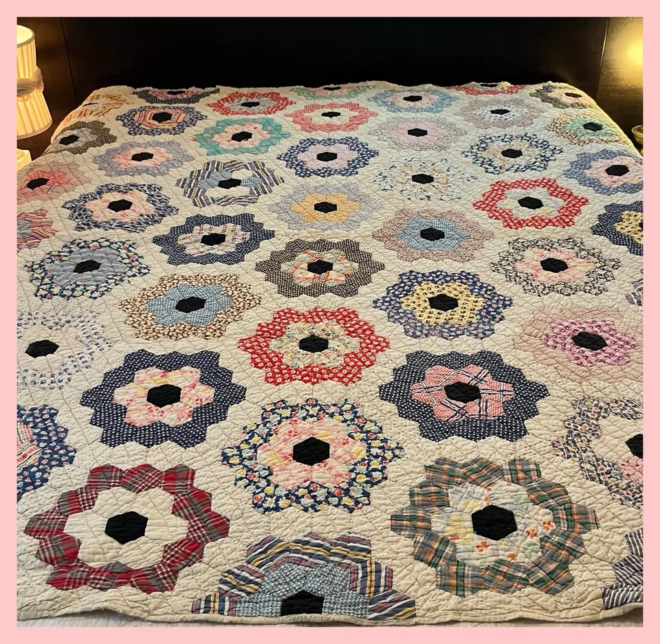 Vintage Handmade Grandmothers Flower Garden Pattern Cotton Quilt 74X66 Barn Find - Image 1 of 4