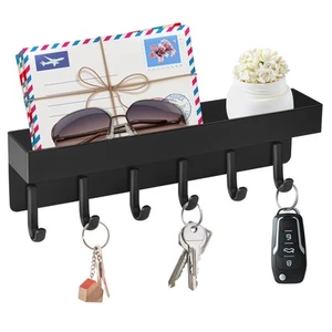 Magnetic Key Holder Wall Mount, Compact Metal Key Rack with Tray, 6 Hooks, 2 ... - Picture 1 of 7