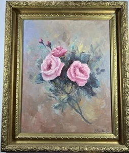 Edgar Bowlin quadro vintage olio su tela rose rosa natura morta Impasto 26x22" - Foto 1 di 17