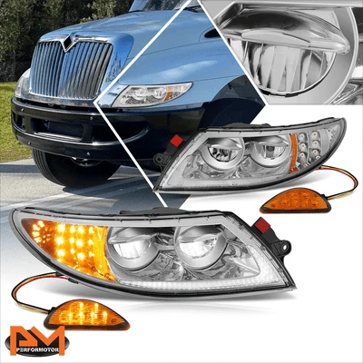 For 02-15 International Harvester 4100-8600 Full LED DRL Headlights Chrome/Amber - Image 1 of 4