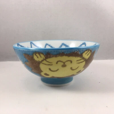 Японская детская рисовая чаша 4,25 дюйма D фарфоровый синий кавайный лев сделано в Японии - Изображение 1 из 4
