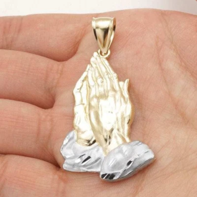 10K Yellow and White Gold Praying Hands Religious Pendant 2" - Image 1 of 4