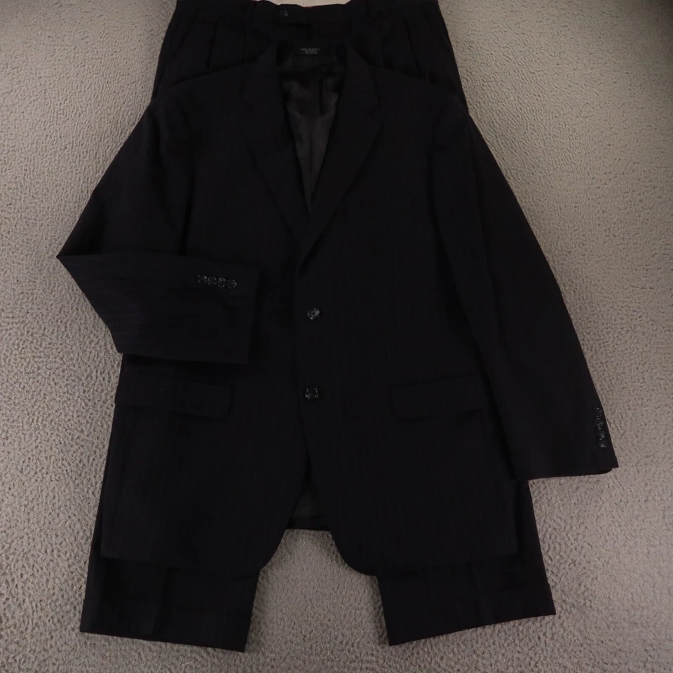 Traje De Colección A Rayas M Azul 100% Lana Sarga Serge Plisado Puños 42R 36x30 Foto 1 de 4